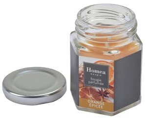 Homéa, Bougie Verrine avec Couvercle Métal 5,4 x 5,4 x 7,2 cm Essentiel Parfum Orange Epicée
