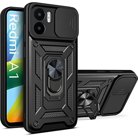 YSONCHAN Hülle für Xiaomi Redmi A1 4G/Redmi A2 4G, Schutzhülle mit Stoßfeste Objektiv Cover, Bumper Handyhülle mit Magnetring und Dreh Ständer, Robuste Hülle. Schwarz