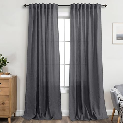 KOUFALL Graue Vorhänge für Wohnzimmer, aus leichtem Leinen, halbtransparent, Bauernhaus-Vorhänge, 244 cm Länge, für Schlafzimmer, 2 Paneele, Dunkelgrau