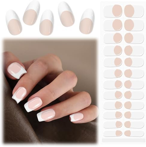 EBANKU 24PCS Smalto Adesivo per Unghie, Nudo Bianco Francese Unghie Gel Adesive UV Smalto Adesivo Gel UV Full Wraps Lampada UV/LED con Lima e Stick per Donne Ragazze
