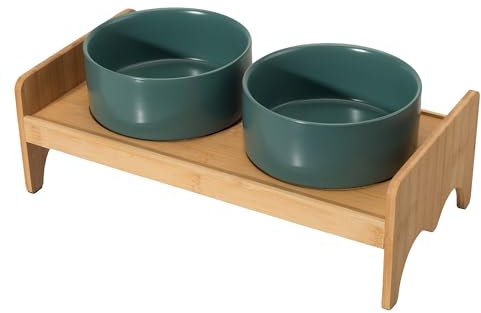 Elevated Ceramic Dog Bowl Set - Double Dog Bowls with Bamboo Stand Anti Vomiting - Raised Dog Food and Water Bowl Set - Dog Feeding Bowls - Fit for Small and Medium Sized Dogs - 28.74 OZ - 3.6 CUPS