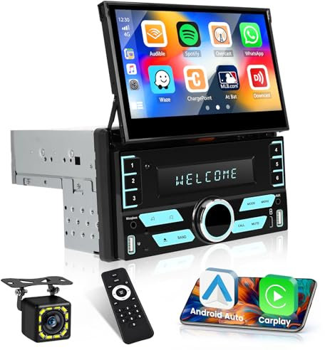 Inefala 7 Pouces Ecran Tactile Retractable Automatique Autoradio 2 Din avec Wireless Android Auto & Carplay, Poste Radio Voiture Bluetooth avec FM Radio USB SWC Caméra de Recul & Mic