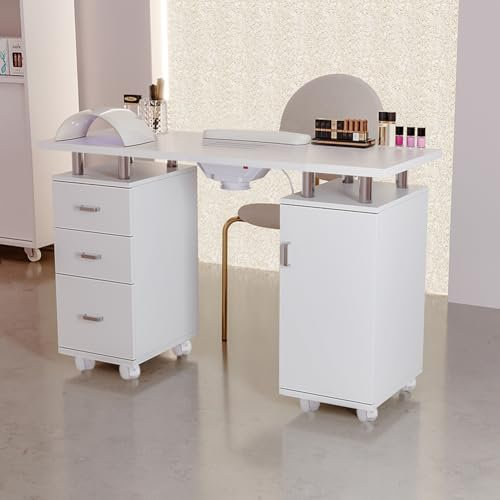 DARDVORLAG Nageltisch mit Staubabsaugung & Handauflage – 120×45×76,5 cm, Manikürtisch mit 3 Schubladen & Schrank, MDF, mit Rollen & Bremse, Weiß, für Studio & Zuhause