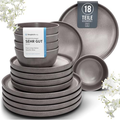 Steingut Geschirrset 6 Pers. 18-tlg Hochwertiges Urban Style TEST SEHR GUT Steingut Geschirr Set - Schüssel- und Teller Set - Tafelservice 6 Personen Geschirrsets Pure Living in matt Grau-braun