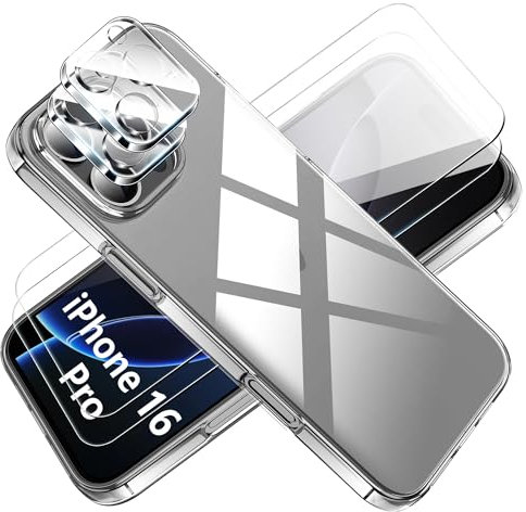 Tieeyivv Hülle für iPhone 16 pro 6.3'' Case mit Schutzfolie für Panzerglas Rückseite Schutzglas Cover Stoßfest Schutzhülle und Kamera Schutzfolie, Soft TPU Transparent Handyhülle