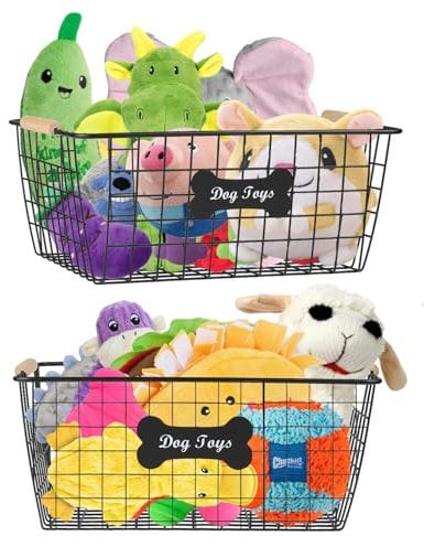 APITOS Dog Toy Basket-2 Pack Metal Dog Toys Box- Chew-Proof Dogs Toy Storage Bin -Dogs Storage Organizer for Pet Toys,Blankets,Leashes-Living Room Storage Chest -Black