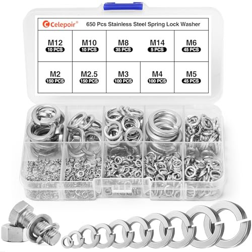Celepoir 650 Piezas Arandelas de Resorte en Espiral Set, Arandelas de Resorte Inox Surtido M2/M2.5/M3/M4/M5/M6/M8/M10/M12/M14, Anillas de Presión, Arandelas de Seguridad para Apriete de Tornillos