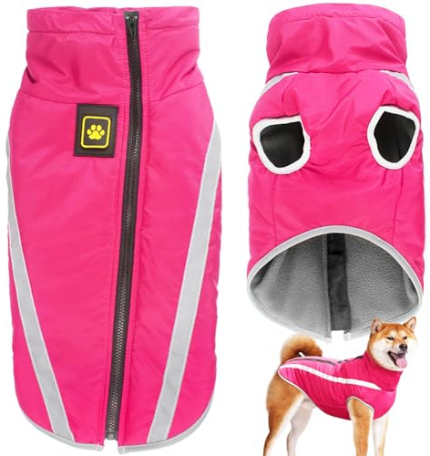 Dolahovy wasserdichte Hundemantel Winter Warme Jacke,Winddichte Haustier Kleidung Hunde Mantel Fleece Jacken Outfit für kleine mittlere große Hunde Weste mit Harness Loch XL-6XL(Rose, XL)