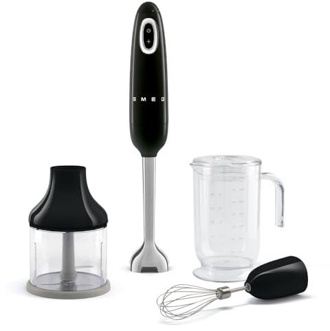 Smeg HBF03BLUK 50s Style Hand Blender with Accessories, Variable Speed, Turbo Function, 700W, Black
