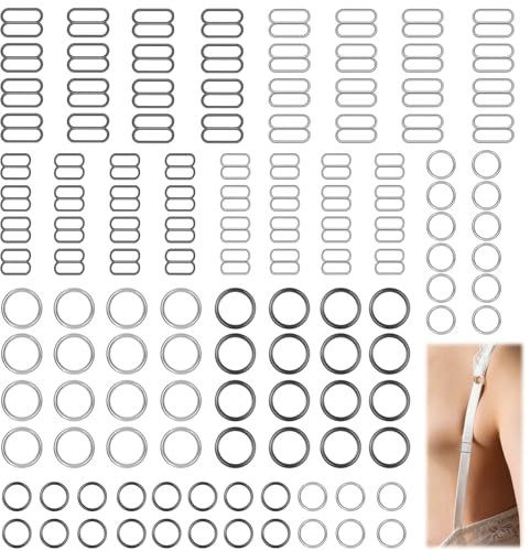128 Stück BH Verschlussc, Metall Dessous Ringe Schiebehakenverschluss, Verstellbare BH-Ringe Schnallen, BH-Träger Slides Rings für Bikini-Verschluss, BH, Slip-Kleider, Badeanzüge(8 und 12 mm)
