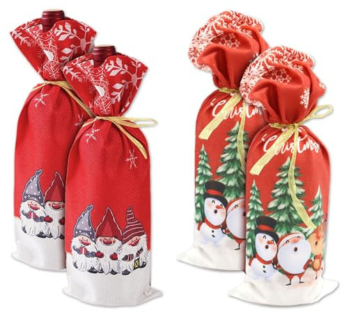 TUONYIS 4 Pcs Christmas Wine Bottle Gift Bag, Drawstring Reusable Santa Pattern Gnome Tree Pattern Burlap Wine Bottle Cover for Xmas Christmas Wedding Party Dinner Table Decor Party Supplies (Red)