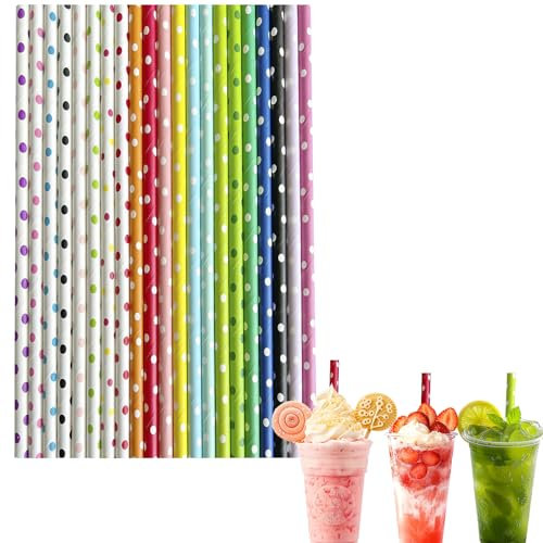100Pcs Paper Straws for Craft,8 Inch 6mm Bore Biodegradable Disposable Straw,Dot Colored Paper Drinking Straws Coffee Juice Cocktail Straws for Birthday Wedding Baby Shower Party and DIY Decorations