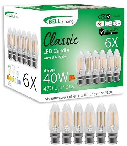 BELL Lighting B22 Bayonet Filament Light Bulb LED Candle 6 Pack | Warm White 2700K | 470 Lumen 4.5 Watts | Energy Saving Candle LED Light Bulb | 40W Lamp Equivalent | Non-Dimmable