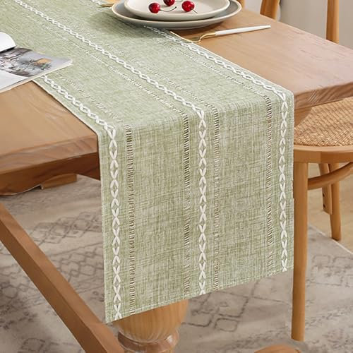 Tischläufer Grün Salbeigrün Boho 33x160 cm Frühling Leinenoptik Tisch Läufer Modern Bauernhaus Klein Baumwolle Table Runner Dekoration für Party Geburtstag Hochzeit Dekor