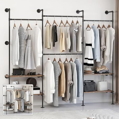 Pevfeciy Offener Kleiderschrank, Kleiderstange Industrial Wandmontage, Begehbarer Kleiderschrank, Kleiderstangen Wandsystem, Eckkleiderschrank Industrial Style