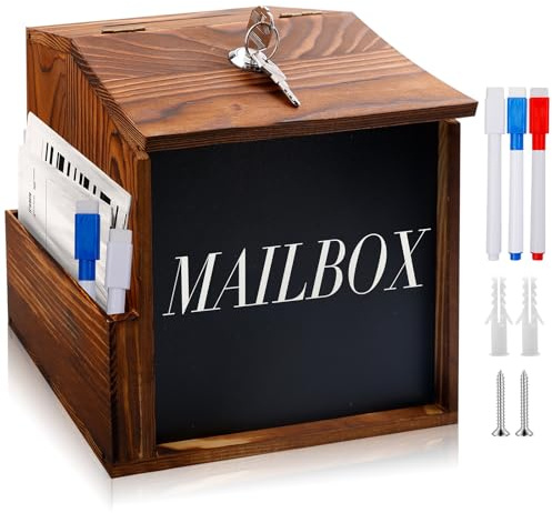 WANDGU Holz Vorschlagsbox mit Schloss: Spendenbox abschließbar, Spendenbox, Massivholz Kummerkasten mit Kreidetafel & Schlüssel - Wahlurne für Büro, Zuhause, Schule (21x16.5x20cm, Wandmontage/Stehend)