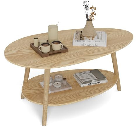 FiveWillowise Couchtisch rund, Wohnzimmertisch Holz, Sofatisch, Kaffeetisch, Tisch für Wohnzimmer, Beistelltisch mit Ablagen, Natur