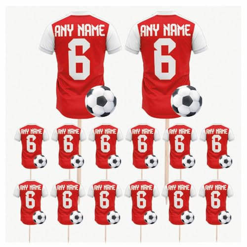 Personalised Football Shirt Toppers, Food Picks, Soccer Jersey Cupcake, Party Decorations, 14 Pack (RED AND WHITE)