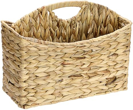BSTKEY Divided Magazine File Basket with Handle, Natural Water Hyacinth | Handwoven Newspapers Storage Holder Document Folder Mail Organizer Bin Tabletop Book Rack for Home Office