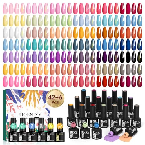 PHOENIXY Gel Nail Polish Set, 42Colors Gel Nail Polish with 6 Base Top Coat | Spring Summer Nail Polish, Glossy Matte Glitter gloden Top Coats, Gel Polish Set Soak Off Nail Varnish Sets Gifts for Women