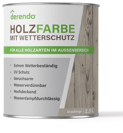 derendo Holzfarbe Graubeige außen wetterfest Wetterschutzfarbe Grau 2,5l | Langzeitschutz, Holzlack seidenglänzend , Holzschutzlasur hohe Deckkraft, Außenbereich