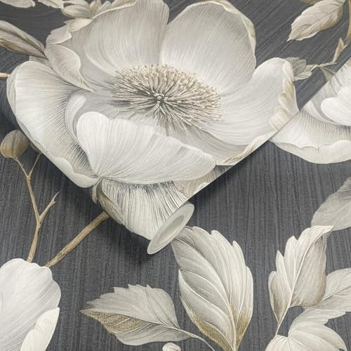 SOPHIE LAURENCE Charcoal Gold Floral Wallpaper for Living Room Grey Leaf Textured Metallic Shimmer Bedroom Hall