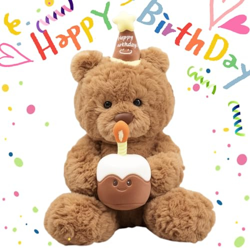 GYHWOFUL 30cm Teddy Plüschtier mit Kuchen und Hut, Niedlicher Geburtstags Teddybär, Weiches Kuscheltier Geschenk für Mädchen Jungen Kinder zu Geburtstag oder Weihnachten