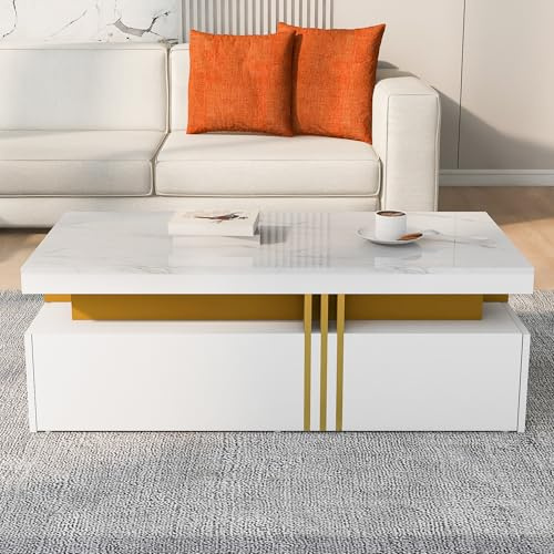 FammyLoft Couchtisch mit Hochglanzplatte, Moderner Rechteckiger Coffee Table, Couch Tisch mit 2 Holzschubladen, Marmorierte Tischplatte, für Wohnzimmer, Sofatisch, 100 * 50 * 40 cm, Weiß