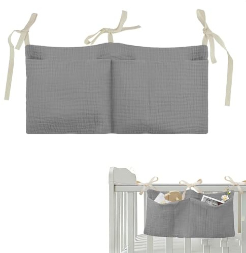 Aufbewahrungstasche für Bett,Babybett Organizer Hängend,Baby Kinderzimmer Organizer mit 2Tasche,Weich und Atmungsaktiv zum Aufhängen für Windeln Kleidung Spielzeug Bett Organizer Kinderbett,Grau