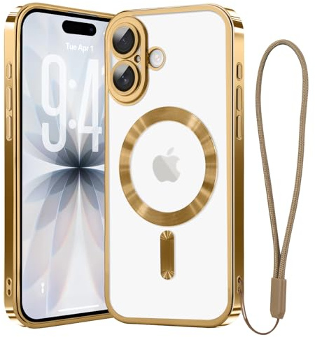 Ethanger Magnetic Case for iPhone 16, Plating Frame, Gold | Compatible with MagSafe, with Camera Lens Protector, with Wrist Strap, Luxury Bling Shockproof Bumper, for Women Girls