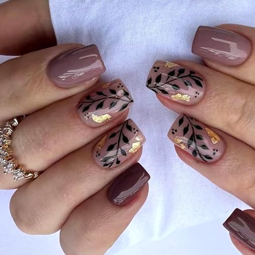 24 Pièces Faux Ongles Court Carré, Marron French Ongles à Coller, Acrylique Press on Nails avec Feuilles Dessin, Reutilisable Couverture Complète Capsule Ongles pour Femme Fille Manucure