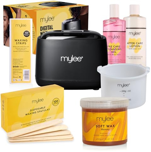 Mylee Kit d'Epilation Complet avec un Chauffe-cire (Cire au miel) | numérique de avec pot en silicone, une Cire Douce, des Bandes d'Epilation, des Spatules et une Lotion Avant et Après Soin