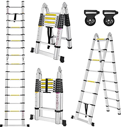 LARS360 Scala pieghevole telescopica, 5,0 m, da appoggio, multifunzionale, allungabile e telescopica, colore nero, 16 pioli, in alluminio di alta qualità, portata 150 kg