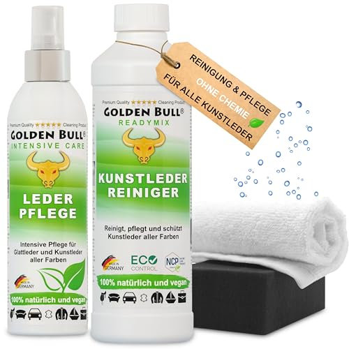Golden Bull® Kunstleder Reiniger & Kunstleder Pflege Set intensiv [VEGAN - OHNE Chemie] Kunstlederreiniger 500ml, Kunstlederpflegespray 250ml, Schwamm, Tuch – Kunstlederpflege für Auto, Sofa & Couch