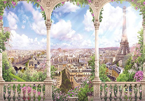Forwall Fototapete Vlies Tapete Wanddeko Stadt Blumen - Ausblick Stadtpanorama Paris Eiffelturm Moderne Wandtapete Wanddekoration 11417VEXL 208cm x 146cm Schlafzimmer Wohnzimmer