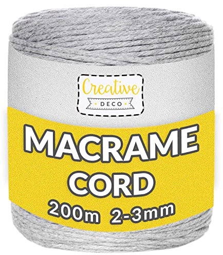 Creative Deco 200m Hell-Grau Makramee Garn 3mm | 656 Fuß | 15-lagig Schnur | Baumwollgarn Baumwoll Kordel Große Rolle Naturliche Stark | Macrame Cord 3mm für Basteln, DIY, Handwerk & Boho Deko