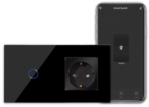 CNBINGO Smart Touchschalter mit Schuko Steckdose unterputz mit Glasrahmen, WLAN Lichtschalter Arbeit mit Alexa, Google Assistant, Wandschalter einfach in Schwarz, Neutralleiter Wird Benötigt