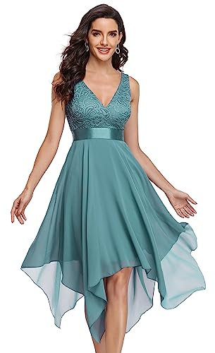 Ever-Pretty Robe de Soirée Asymétrique au Genou Femme Double Col-V sans Manche en Dentelle Mousseline de Soie Bleu fumé 46