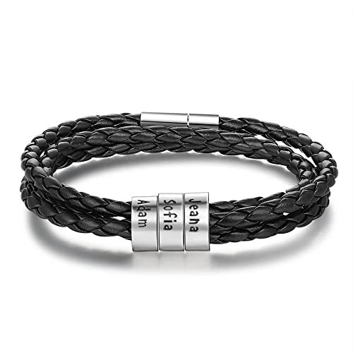 Glooraca Mens Leather Bracelets Personalised Name Engraved Bracelet Leather Braid Bracelet Gifts for Men Dad Husband Grandpa Boyfriends 1-6 Names (3 Names)