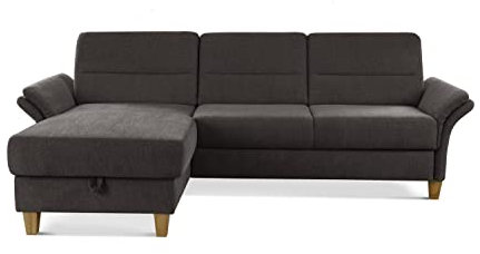 CAVADORE Schlafsofa Wyk mit Federkern / Ecksofa im Landhaus-Stil mit Longchair, Bett, Bettkasten + Armteilfunktion / 252 x 90 x 162 / Chenille, Braun