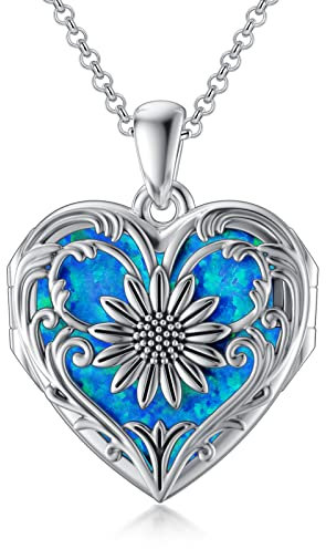 SOULMEET Sterling Silber Medaillon zum öffnen für bilder, Medaillon Halskette für 3 Fotos Bilds,Herz Sonnenblume medaillon die opal,Geschenk für Frauen