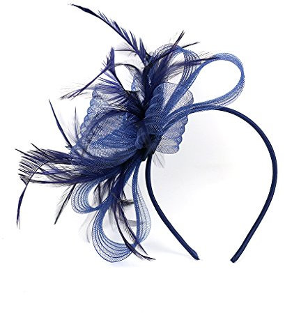 Women Fascinator Hat Flower Wedding Fascinator Headband Feather Flapper Bridal Headdress Headpieces Pillbox Hat Bowler Mini Top Hair Clips Race Ascot Hats for Evening Party Prom (navy blue)