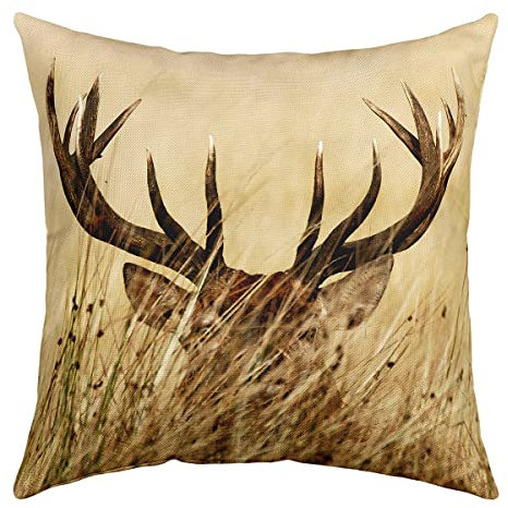 Homewish Geweih Kissenbezug 50 x 50 - Weißwedelhirsch für Kinder, Jungen, Mädchen - Rosa Landschaft, Ländlich Jagdmotiv - Hirsch Wohnzimmer Dekorativer Quadratischer Bezug Braun