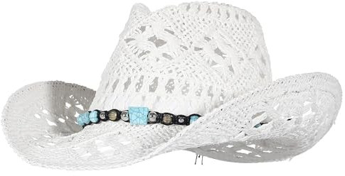 EOZY Men & Women's Summer Cowboy Cowgirl Straw Hat Hollow Out Style Roll Up Brim Beach Sun Hat for Ladies White