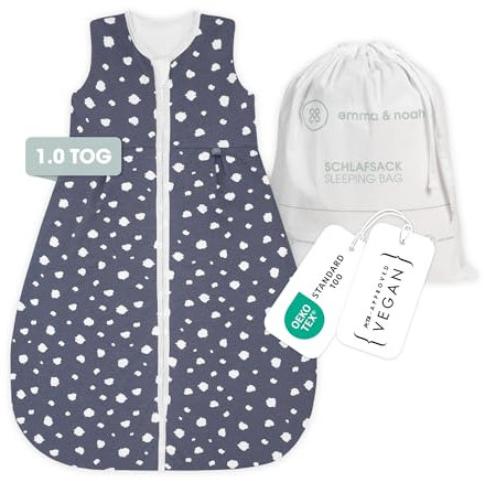 emma & noah Premium Baby Schlafsack Sommer, Bequem & Atmungsaktiv, 100% Bio-Baumwolle, Oeko-TEX Zertifiziert, Flauschig Weich, Bewegungsfreiheit, 1.0 TOG (Punkte Blau, 60 cm)