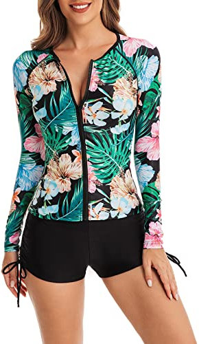 Ecupper Damen Badeanzug Zweiteilige Rash Guard Set Full Zip Lange Ärmel Swim Shirt mit Boyshort Surfanzug Badeanzug mit Brustpolster Schwarz-B L