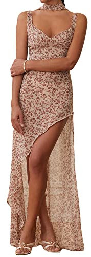 Robe longue sexy Y2K pour femme, coupe basse, dos nu, bretelles spaghetti, robe longue fendue, robe caraco, F-rose., S