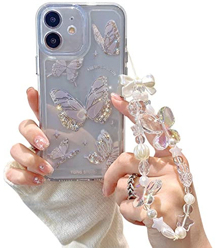 Fycyko Schutzhülle für iPhone 12, niedliches Schmetterlingsmuster, klares Design, ästhetisch, für Damen, Teenager, Mädchen, Glitzer, hübscher Kristall, glitzernd, glitzernd, Schmetterlingskette,
