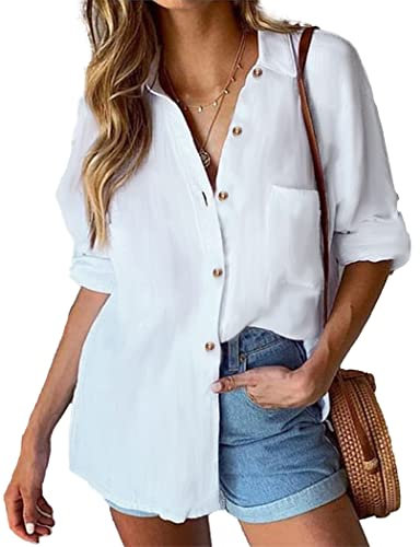 HOTOUCH Womens Casual Cotton V Neck Long Sleeve Button Down Blouse Solid Color Shirts Top White L