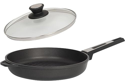 SKK Grillpfanne Ø 28 cm - ohne Induktion - runde beschichtete Aluguss BBQ Bratpfanne 2-tlg. & Glasdeckel mit Edelstahlrand - Made in Germany
